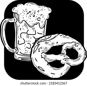 Beer and brezel for Octoberfest decoration, invitation, celebration, print, poster, menu. Food and drink. Autumn festival from Germany, Munich. Hand drawn illustration. Cartoon style vector drawing.