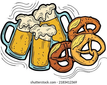 Beer and brezel for Octoberfest decoration, invitation, celebration, print, poster, menu. Food and drink. Autumn festival from Germany, Munich. Hand drawn illustration. Cartoon style vector drawing.