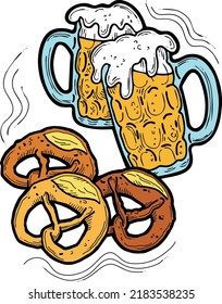 Beer and brezel for Octoberfest decoration, invitation, celebration, print, poster, menu. Food and drink. Autumn festival from Germany, Munich. Hand drawn illustration. Cartoon style vector drawing.