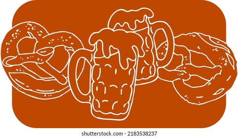 Cerveza y brezel para la decoración del festival de octubre, invitación, celebración, impresión, afiche, menú. Comida y bebida. Festival de otoño de Alemania, Múnich. Ilustración dibujada a mano. Dibujo vectorial de estilo de dibujos animados.