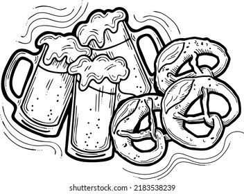 Cerveza y brezel para la decoración del festival de octubre, invitación, celebración, impresión, afiche, menú. Comida y bebida. Festival de otoño de Alemania, Múnich. Ilustración dibujada a mano. Dibujo vectorial de estilo de dibujos animados.