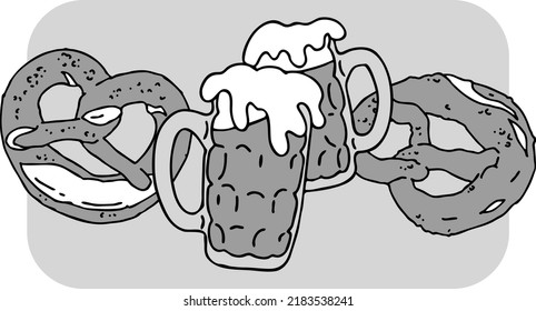 Cerveza y brezel para la decoración del festival de octubre, invitación, celebración, impresión, afiche, menú. Comida y bebida. Festival de otoño de Alemania, Múnich. Ilustración dibujada a mano. Dibujo vectorial de estilo de dibujos animados.