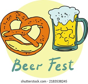 Cerveza y brezel para la decoración del festival de octubre, invitación, celebración, impresión, afiche, menú. Comida y bebida. Festival de otoño de Alemania, Múnich. Ilustración dibujada a mano. Dibujo vectorial de estilo de dibujos animados.