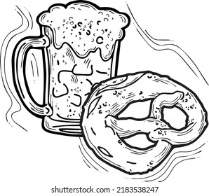 Cerveza y brezel para la decoración del festival de octubre, invitación, celebración, impresión, afiche, menú. Comida y bebida. Festival de otoño de Alemania, Múnich. Ilustración dibujada a mano. Dibujo vectorial de estilo de dibujos animados.