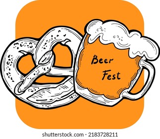 Beer and brezel for Octoberfest decoration, invitation, celebration, print, poster, menu. Food and drink. Autumn festival from Germany, Munich. Hand drawn illustration. Cartoon style vector drawing.