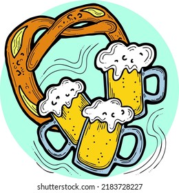 Cerveza y brezel para la decoración del festival de octubre, invitación, celebración, impresión, afiche, menú. Comida y bebida. Festival de otoño de Alemania, Múnich. Ilustración dibujada a mano. Dibujo vectorial de estilo de dibujos animados.