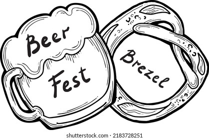 Beer and brezel for Octoberfest decoration, invitation, celebration, print, poster, menu. Food and drink. Autumn festival from Germany, Munich. Hand drawn illustration. Cartoon style vector drawing.