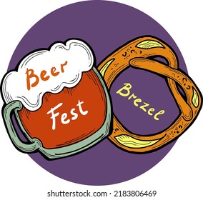 Cerveza y brezel para la decoración del festival de octubre, invitación, celebración, impresión, afiche, menú. Comida y bebida. Festival de otoño de Alemania, Múnich. Ilustración dibujada a mano. Dibujo vectorial de estilo de dibujos animados.