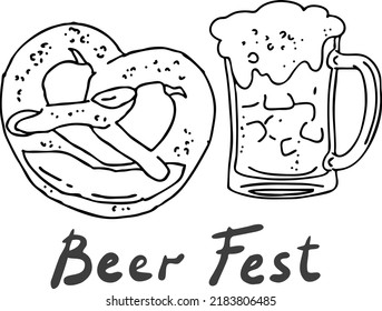 Beer and brezel for Octoberfest decoration, invitation, celebration, print, poster, menu. Food and drink. Autumn festival from Germany, Munich. Hand drawn illustration. Cartoon style vector drawing.