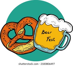 Cerveza y brezel para la decoración del festival de octubre, invitación, celebración, impresión, afiche, menú. Comida y bebida. Festival de otoño de Alemania, Múnich. Ilustración dibujada a mano. Dibujo vectorial de estilo de dibujos animados.