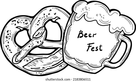 Cerveza y brezel para la decoración del festival de octubre, invitación, celebración, impresión, afiche, menú. Comida y bebida. Festival de otoño de Alemania, Múnich. Ilustración dibujada a mano. Dibujo vectorial de estilo de dibujos animados.