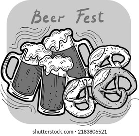 Cerveza y brezel para la decoración del festival de octubre, invitación, celebración, impresión, afiche, menú. Comida y bebida. Festival de otoño de Alemania, Múnich. Ilustración dibujada a mano. Dibujo vectorial de estilo de dibujos animados.