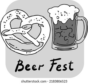 Beer and brezel for Octoberfest decoration, invitation, celebration, print, poster, menu. Food and drink. Autumn festival from Germany, Munich. Hand drawn illustration. Cartoon style vector drawing.