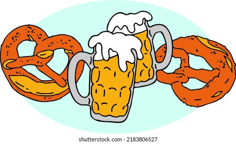 Cerveza y brezel para la decoración del festival de octubre, invitación, celebración, impresión, afiche, menú. Comida y bebida. Festival de otoño de Alemania, Múnich. Ilustración dibujada a mano. Dibujo vectorial de estilo de dibujos animados.