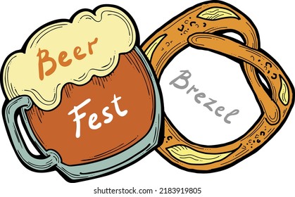 Beer and brezel for Octoberfest decoration, invitation, celebration, print, poster, menu. Food and drink. Autumn festival from Germany, Munich. Hand drawn illustration. Cartoon style vector drawing.