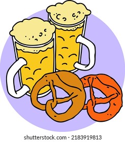 Beer and brezel for Octoberfest decoration, invitation, celebration, print, poster, menu. Food and drink. Autumn festival from Germany, Munich. Hand drawn illustration. Cartoon style vector drawing.