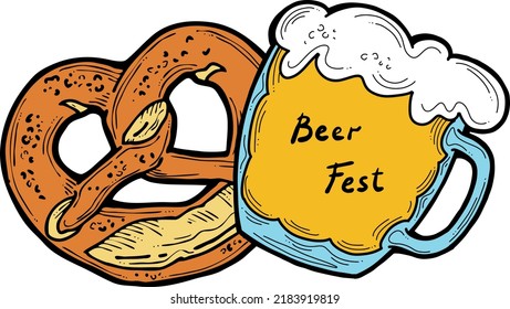 Cerveza y brezel para la decoración del festival de octubre, invitación, celebración, impresión, afiche, menú. Comida y bebida. Festival de otoño de Alemania, Múnich. Ilustración dibujada a mano. Dibujo vectorial de estilo de dibujos animados.