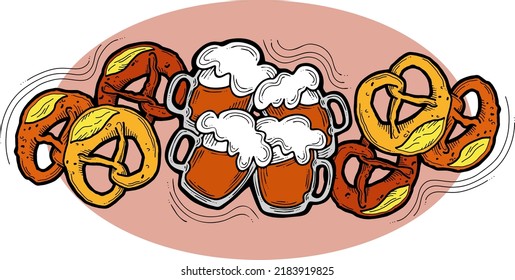 Beer and brezel for Octoberfest decoration, invitation, celebration, print, poster, menu. Food and drink. Autumn festival from Germany, Munich. Hand drawn illustration. Cartoon style vector drawing.