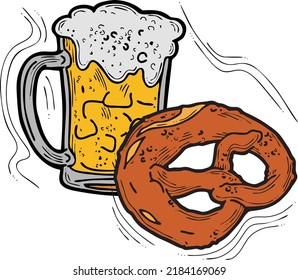 Beer and brezel for Octoberfest decoration, invitation, celebration, print, poster, menu. Food and drink. Autumn festival from Germany, Munich. Hand drawn illustration. Cartoon style vector drawing.