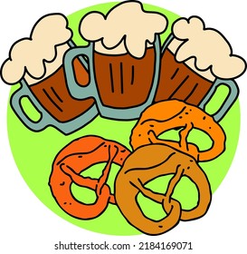 Cerveza y brezel para la decoración del festival de octubre, invitación, celebración, impresión, afiche, menú. Comida y bebida. Festival de otoño de Alemania, Múnich. Ilustración dibujada a mano. Dibujo vectorial de estilo de dibujos animados.