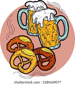 Cerveza y brezel para la decoración del festival de octubre, invitación, celebración, impresión, afiche, menú. Comida y bebida. Festival de otoño de Alemania, Múnich. Ilustración dibujada a mano. Dibujo vectorial de estilo de dibujos animados.