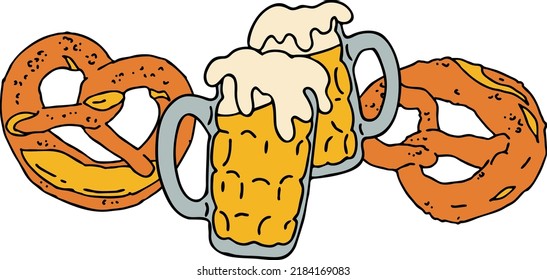 Beer and brezel for Octoberfest decoration, invitation, celebration, print, poster, menu. Food and drink. Autumn festival from Germany, Munich. Hand drawn illustration. Cartoon style vector drawing.