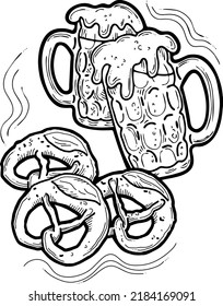 Beer and brezel for Octoberfest decoration, invitation, celebration, print, poster, menu. Food and drink. Autumn festival from Germany, Munich. Hand drawn illustration. Cartoon style vector drawing.