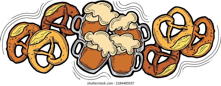 Beer and brezel for Octoberfest decoration, invitation, celebration, print, poster, menu. Food and drink. Autumn festival from Germany, Munich. Hand drawn illustration. Cartoon style vector drawing.