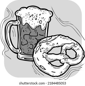 Cerveza y brezel para la decoración del festival de octubre, invitación, celebración, impresión, afiche, menú. Comida y bebida. Festival de otoño de Alemania, Múnich. Ilustración dibujada a mano. Dibujo vectorial de estilo de dibujos animados.