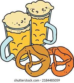 Beer and brezel for Octoberfest decoration, invitation, celebration, print, poster, menu. Food and drink. Autumn festival from Germany, Munich. Hand drawn illustration. Cartoon style vector drawing.