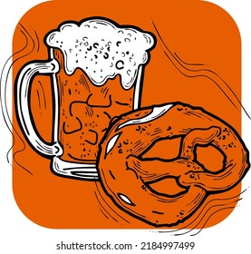 Beer and brezel for Octoberfest decoration, invitation, celebration, print, poster, menu. Food and drink. Autumn festival from Germany, Munich. Hand drawn illustration. Cartoon style vector drawing.