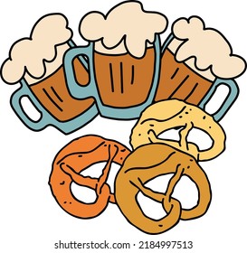 Cerveza y brezel para la decoración del festival de octubre, invitación, celebración, impresión, afiche, menú. Comida y bebida. Festival de otoño de Alemania, Múnich. Ilustración dibujada a mano. Dibujo vectorial de estilo de dibujos animados.