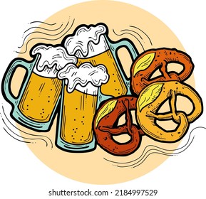 Beer and brezel for Octoberfest decoration, invitation, celebration, print, poster, menu. Food and drink. Autumn festival from Germany, Munich. Hand drawn illustration. Cartoon style vector drawing.