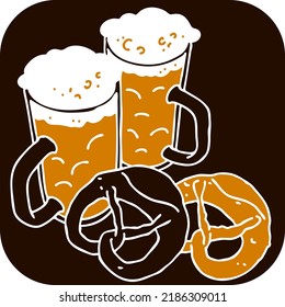 Cerveza y brezel para la decoración del festival de octubre, invitación, celebración, impresión, afiche, menú. Festival del otoño de comida y bebida de Alemania, Munich. Ilustración dibujada a mano. Dibujo vectorial de estilo de cartón.