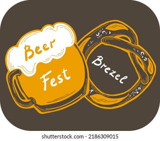 Cerveza y brezel para la decoración del festival de octubre, invitación, celebración, impresión, afiche, menú. Festival del otoño de comida y bebida de Alemania, Munich. Ilustración dibujada a mano. Dibujo vectorial de estilo de cartón.