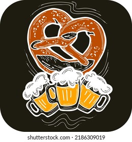 Cerveza y brezel para la decoración del festival de octubre, invitación, celebración, impresión, afiche, menú. Festival del otoño de comida y bebida de Alemania, Munich. Ilustración dibujada a mano. Dibujo vectorial de estilo de cartón.