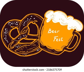 Beer and brezel for Octoberfest decoration, invitation, celebration, print, poster, menu. Food and drink autumn festival from Germany, Munich. Hand drawn illustration. Chalkboard style vector drawing.