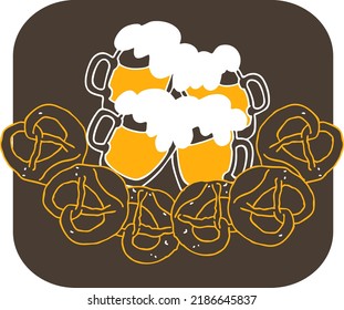 Cerveza y brezel para la decoración del festival de octubre, invitación, celebración, impresión, afiche, menú. Festival del otoño de comida y bebida de Alemania, Munich. Ilustración dibujada a mano. Dibujo vectorial de estilo de cartón.