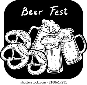 Beer and brezel for Octoberfest decoration, invitation, celebration, print, poster, menu. Food and drink. Autumn festival from Germany, Munich. Hand drawn illustration. Cartoon style vector drawing.