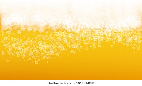 Beer bubbles background with realistic white foam.  Cool beverage for restaurant menu design, banners and flyers.  Yellow horizontal beer bubbles backdrop. Fresh cup of lager for brewery design.