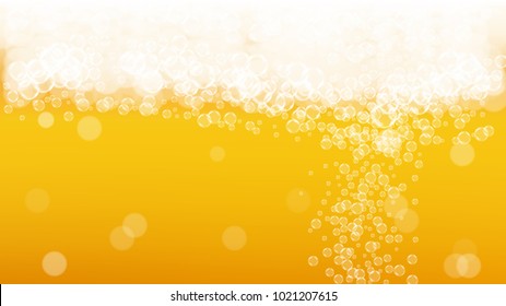 Beer bubbles background with realistic white foam.  Cool beverage for restaurant menu design, banners and flyers.  Yellow horizontal beer bubbles backdrop. Cold pint of golden lager or ale.