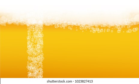 Beer bubbles background with realistic white foam.  Cool liquid drink for pub and bar menu design, banners and flyers.  Yellow horizontal beer bubbles backdrop. Fresh cup of lager for brewery design.