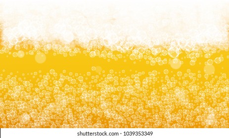 Beer bubbles background with realistic white foam.  Cool liquid drink for pub and bar menu design, banners and flyers.  Yellow horizontal beer bubbles backdrop. Fresh cup of lager for brewery design.