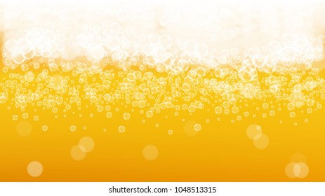 Beer bubbles background with realistic white foam.  Cool liquid drink for pub and bar menu design, banners and flyers.  Yellow horizontal beer bubbles backdrop. Cold glass of ale for brewery design.