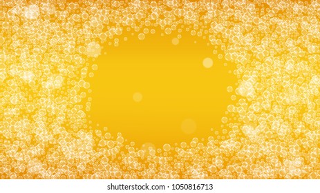 Beer bubbles background with realistic white foam.  Cool beverage for restaurant menu design, banners and flyers.  Yellow horizontal beer bubbles backdrop. Cold pint of golden lager or ale.