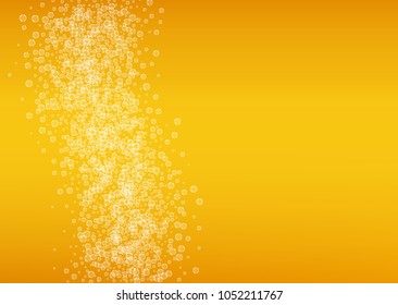 Beer bubbles background with realistic white foam.  Cool beverage for restaurant menu design, banners and flyers.  Yellow horizontal beer bubbles backdrop. Cold glass of ale for brewery design.