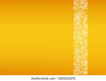 Beer bubbles background with realistic white foam.  Cool liquid drink for pub and bar menu design, banners and flyers.  Yellow horizontal beer bubbles backdrop. Cold glass of ale for brewery design.