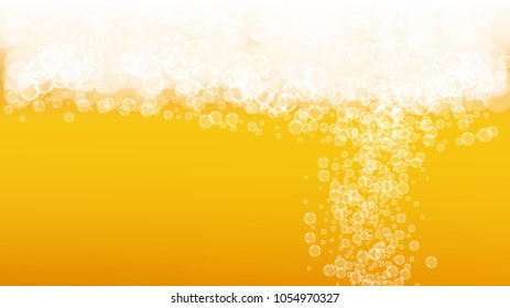 Beer bubbles background with realistic white foam.  Cool beverage for restaurant menu design, banners and flyers.  Yellow horizontal beer bubbles backdrop. Cold glass of ale for brewery design.