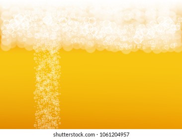 Beer bubbles background with realistic white foam.  Cool liquid drink for pub and bar menu design, banners and flyers.  Yellow horizontal beer bubbles backdrop. Cold glass of ale for brewery design.
