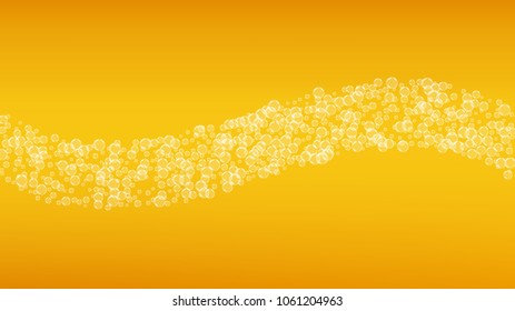 Beer bubbles background with realistic white foam.  Cool liquid drink for pub and bar menu design, banners and flyers.  Yellow horizontal beer bubbles backdrop. Cold glass of ale for brewery design.